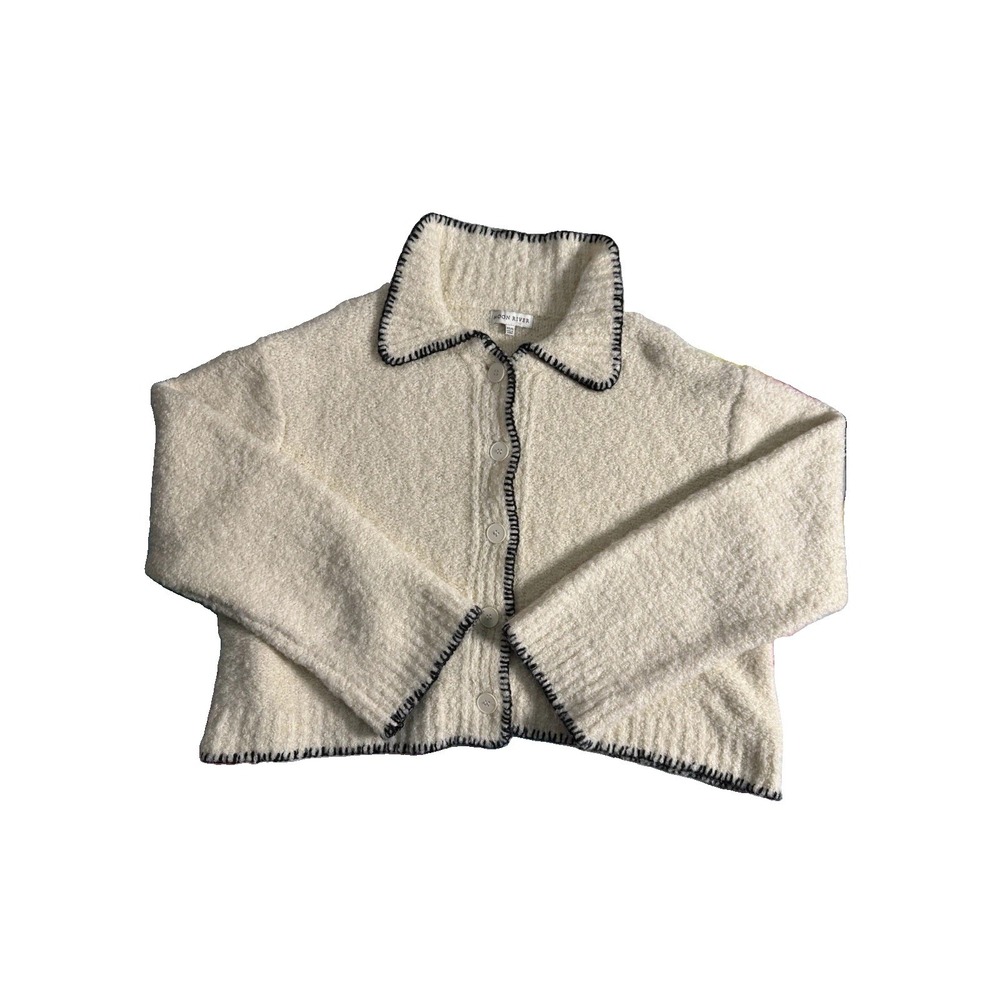 Moon River Women's Contrast Stitch Cardigan Cropped Ivory & Black XS/S EUC